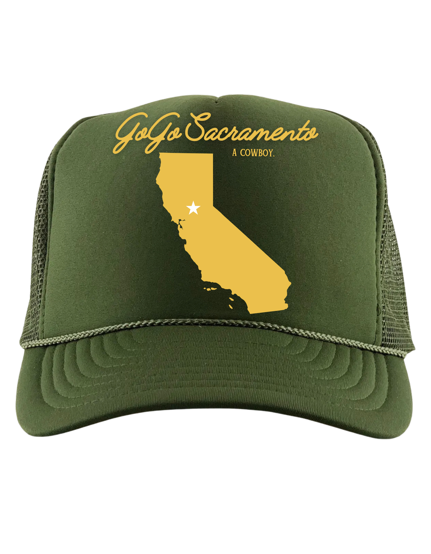 The GO GO Sacramento Statesman Trucker in Olive Green